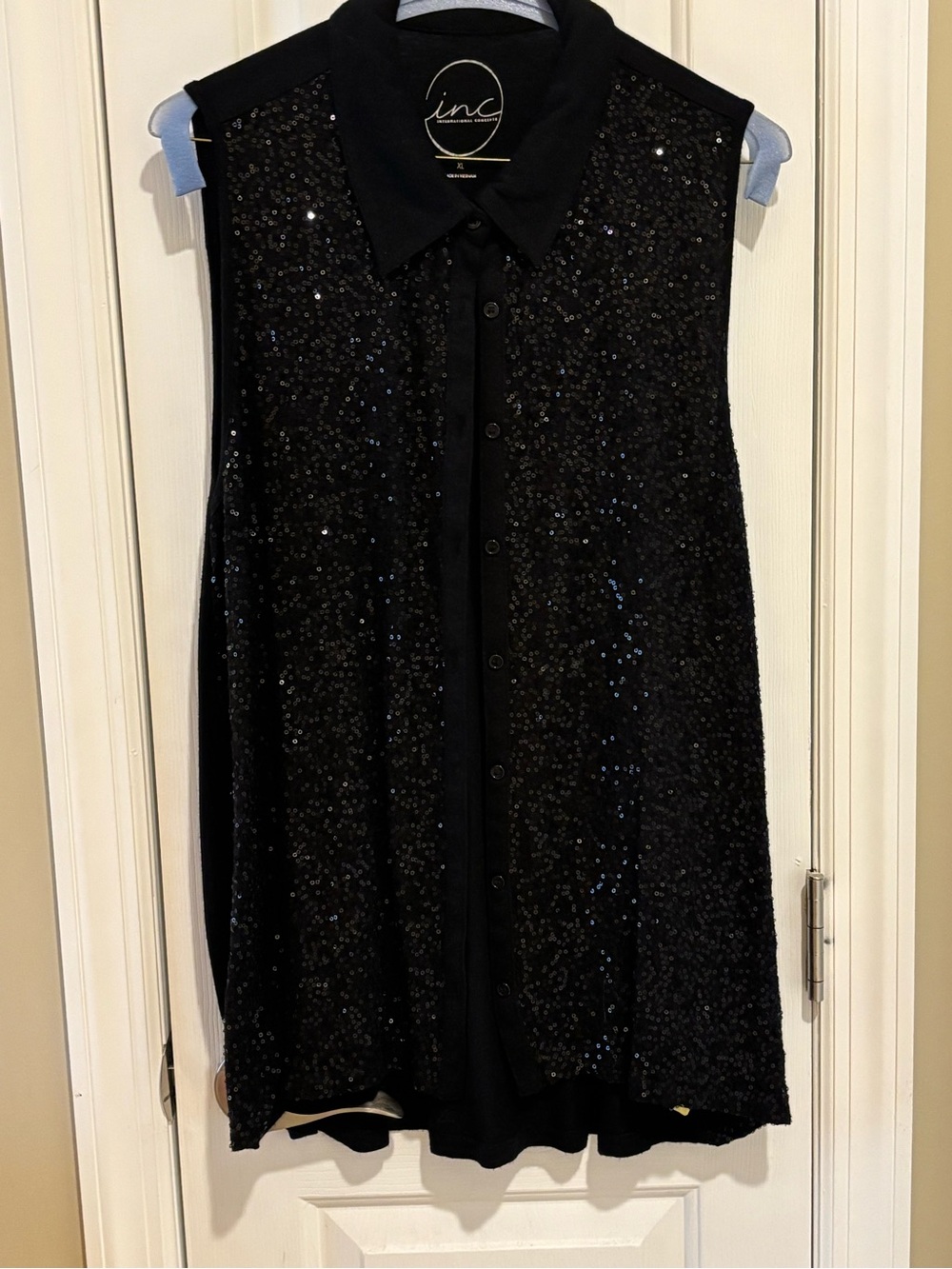 INC International Concepts Black Sequin Collared Sleeveless Blouse